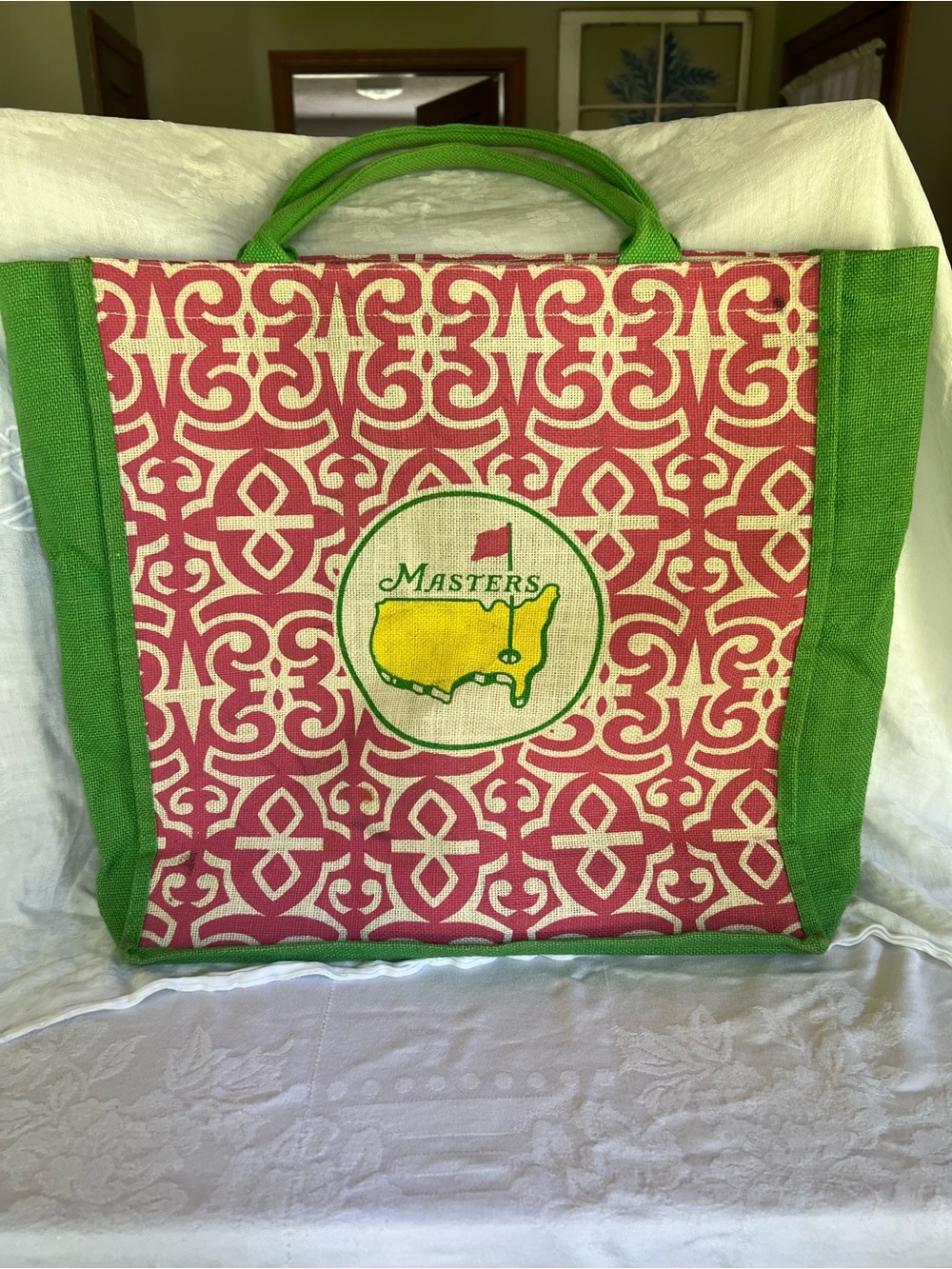 Masters Pink & Green Patterned Tote Bag with Yellow Logo